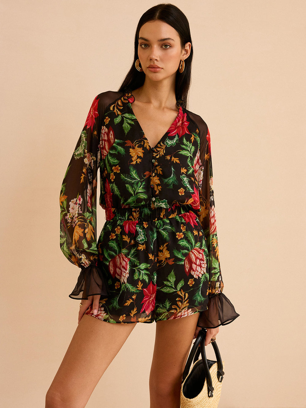 Chiffon-Shorts mit Blumenmuster und Gummizug in der Taille