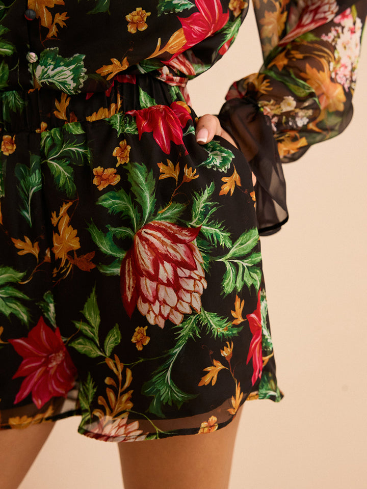 Chiffon-Shorts mit Blumenmuster und Gummizug in der Taille
