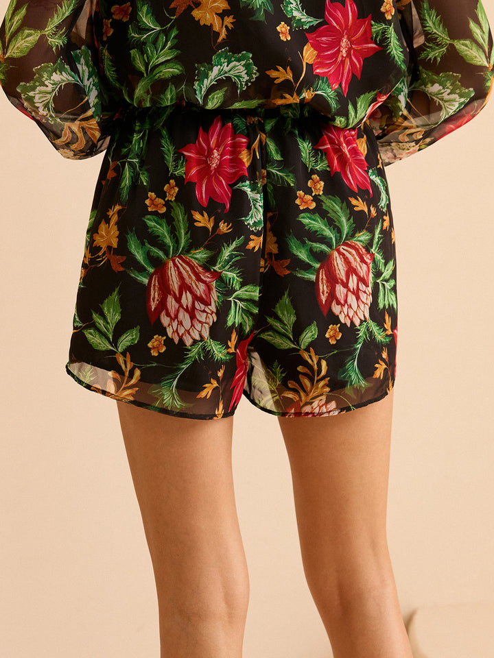 Chiffon-Shorts mit Blumenmuster und Gummizug in der Taille