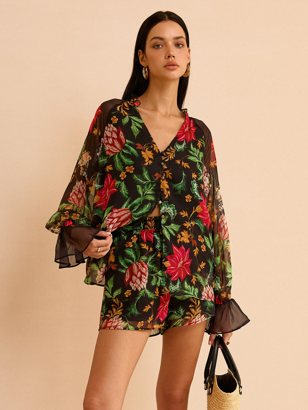 Chiffon Blumen-Bluse mit Blumenmuster