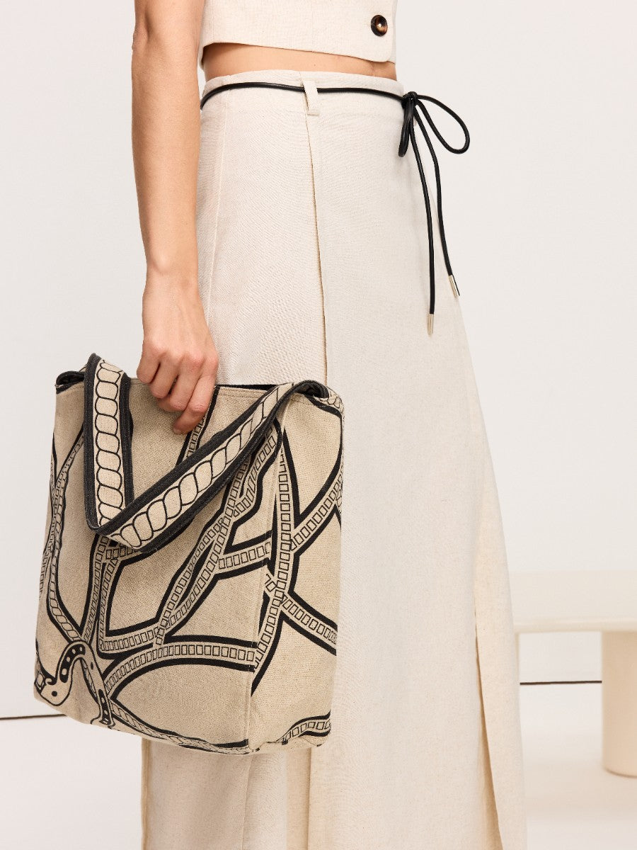 Leinen- und Baumwoll-Tragetasche mit Kettenprint