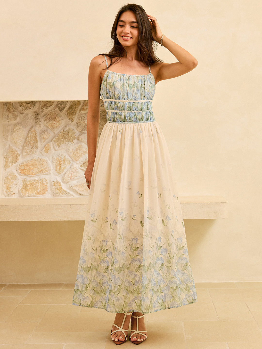 Blumenmuster Plissee Taille Stufen Maxi Kleid