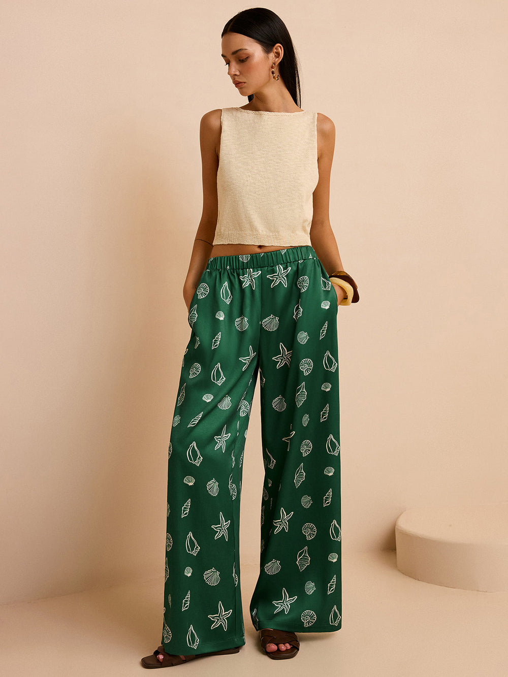 Oversized Mid-Waist Hose mit Muschel- und Seestern-Print