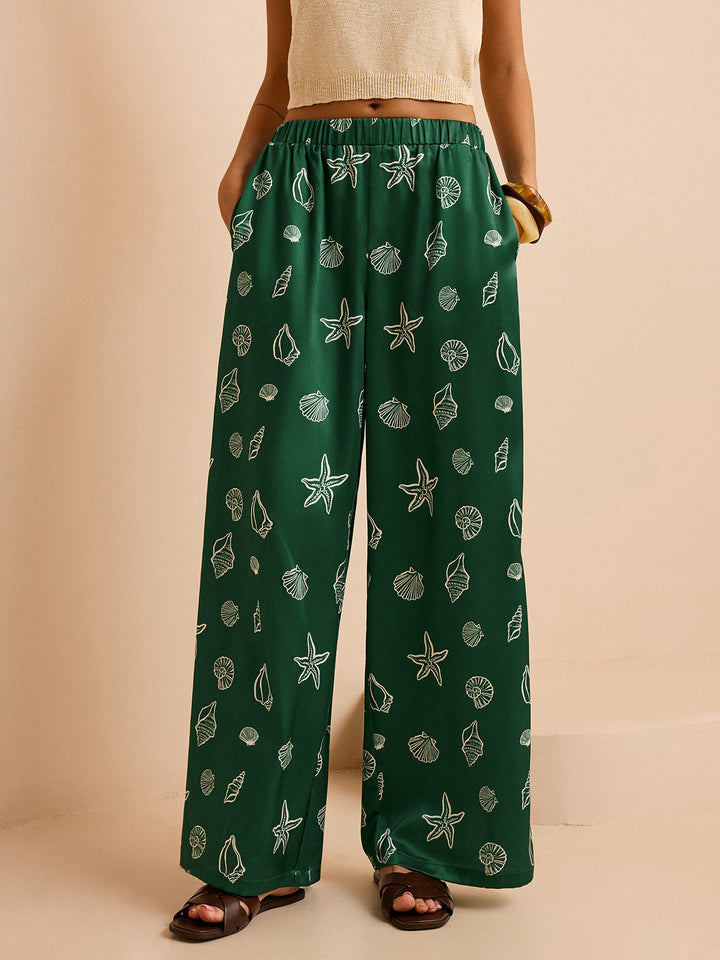 Oversized Mid-Waist Hose mit Muschel- und Seestern-Print