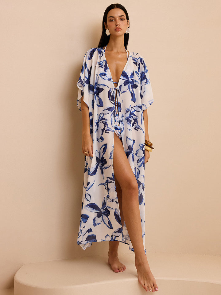 Transparenter Blumen-Kimono-Überwurf mit Bindung vorne