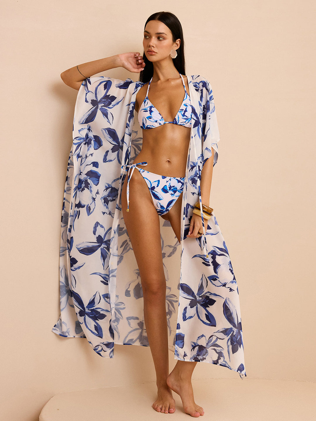 Transparenter Blumen-Kimono-Überwurf mit Bindung vorne