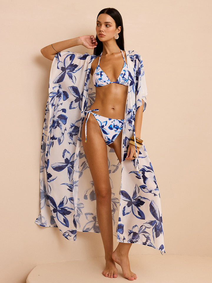 Transparenter Blumen-Kimono-Überwurf mit Bindung vorne