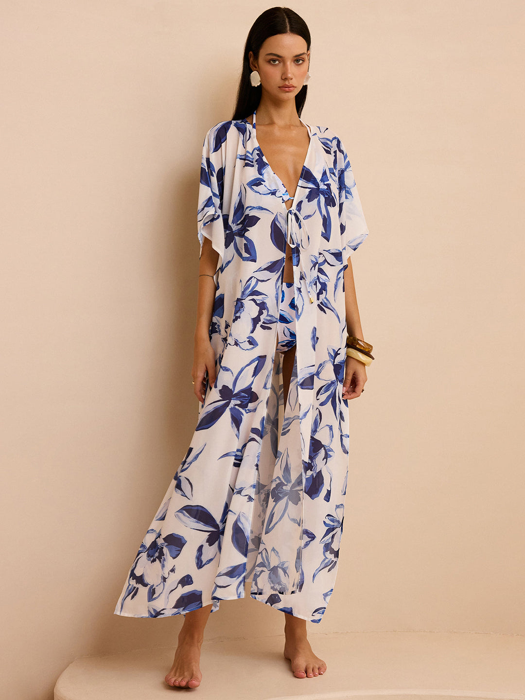 Transparenter Blumen-Kimono-Überwurf mit Bindung vorne