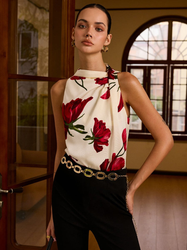 Bluse mit Blumenmuster und Knoten Detail ohne Ärmel