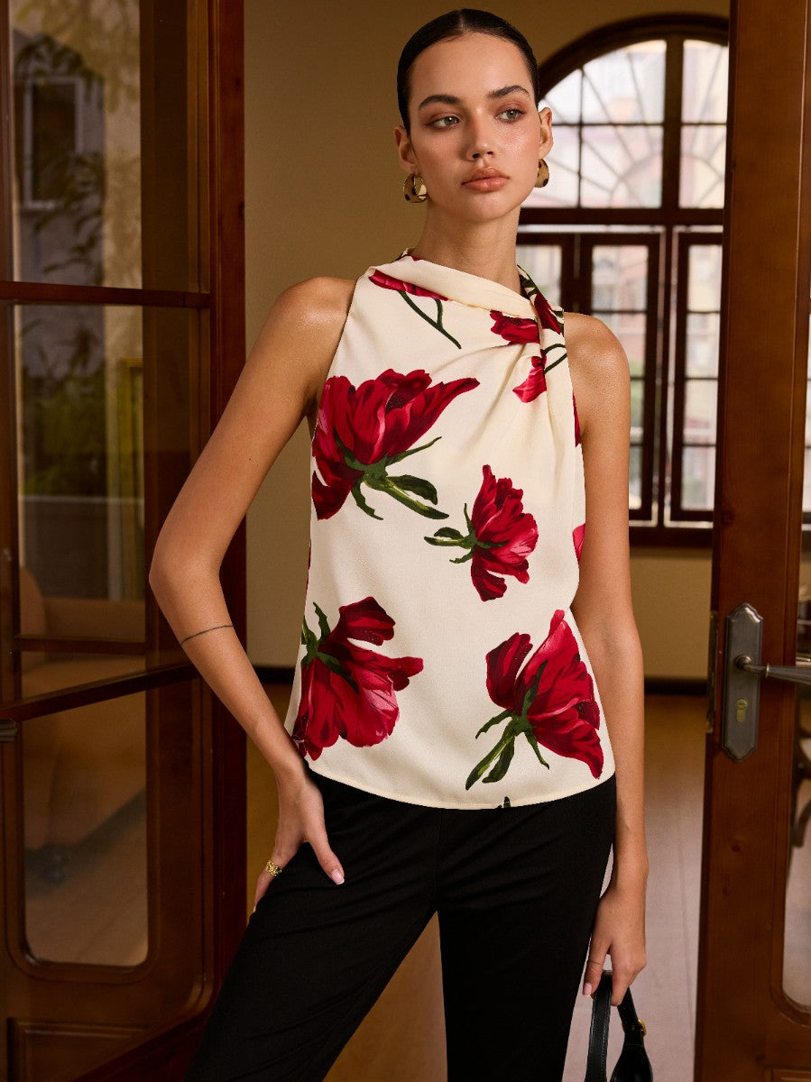 Bluse mit Blumenmuster und Knoten Detail ohne Ärmel