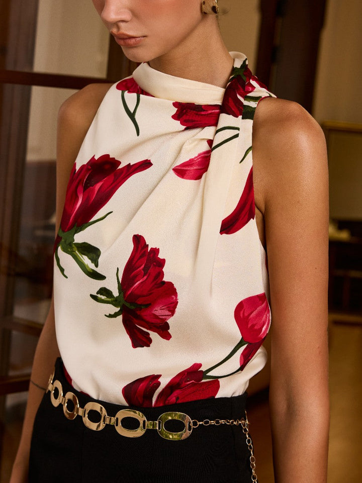 Bluse mit Blumenmuster und Knoten Detail ohne Ärmel