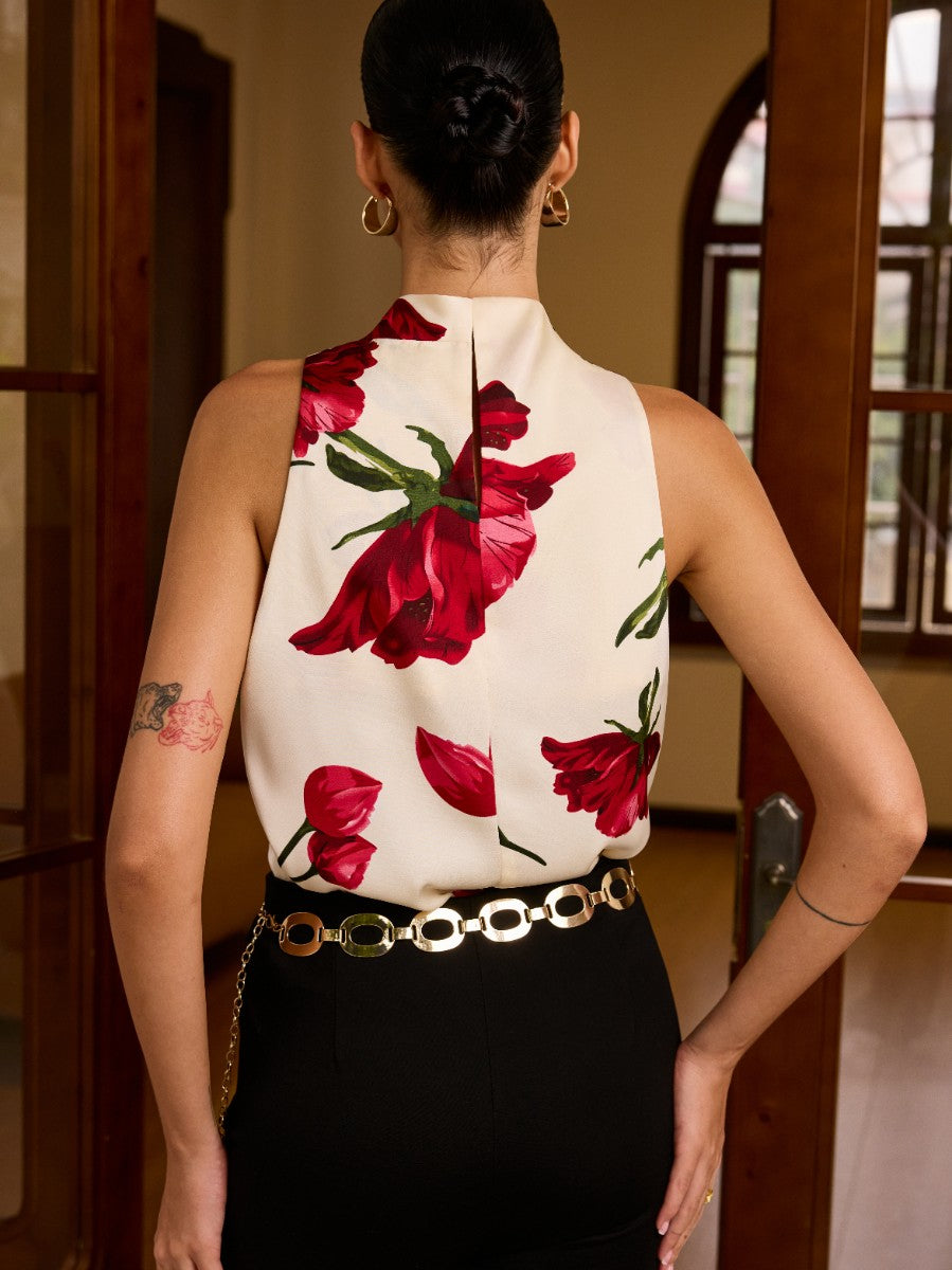 Bluse mit Blumenmuster und Knoten Detail ohne Ärmel