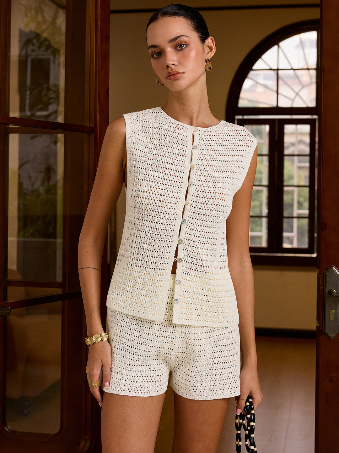 Crochet Knit Button-Front Vest