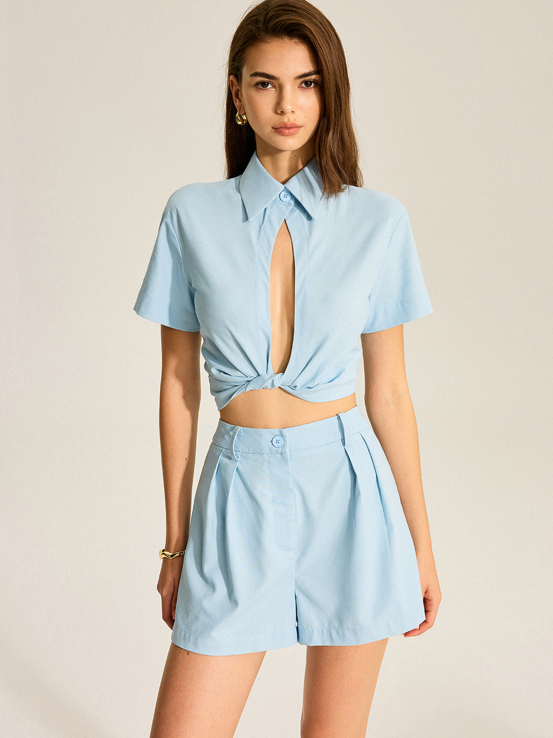 Binden-Crop-Top und Shorts-Set mit Taschen