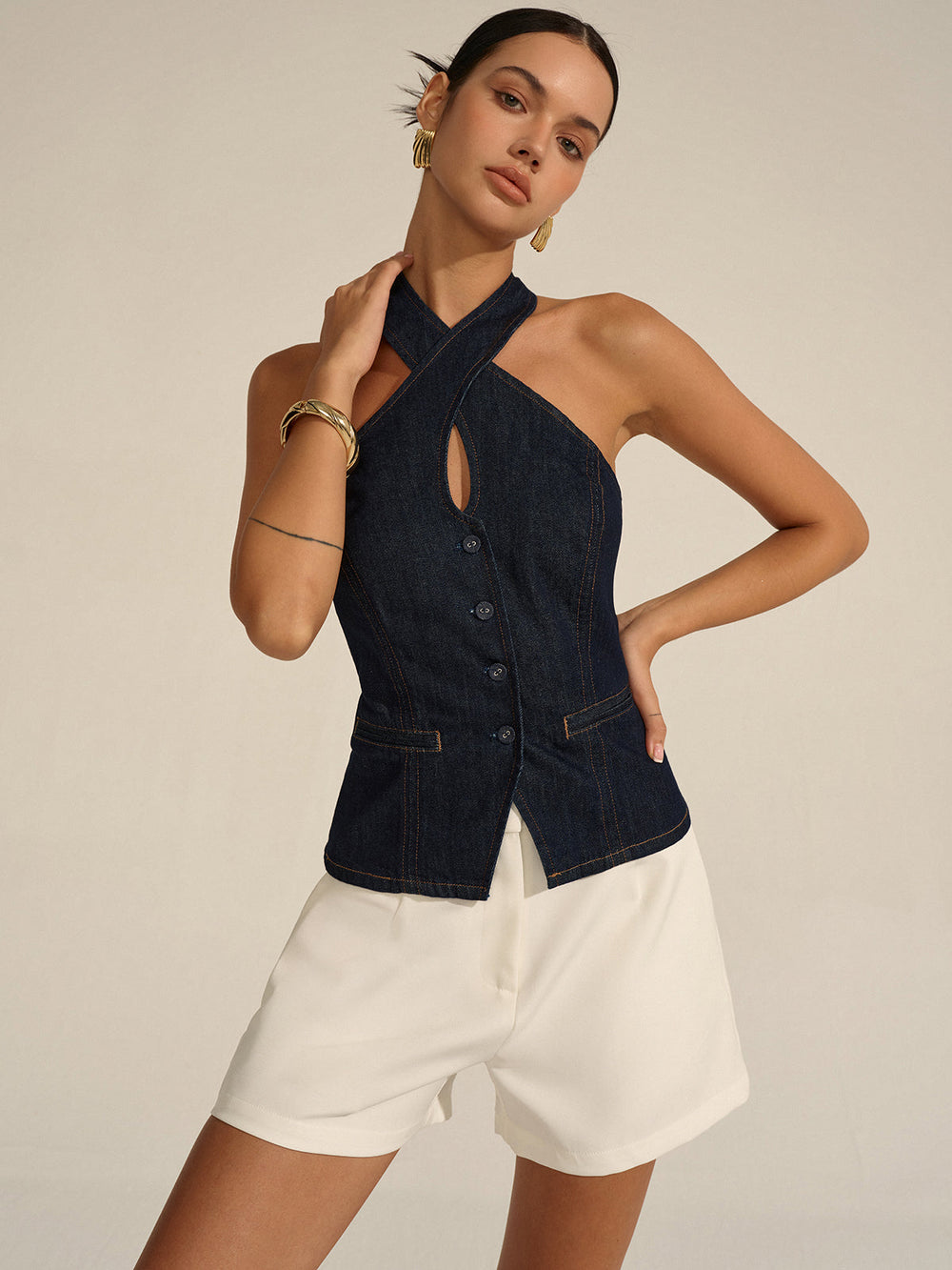 Denim Träger Crisscross-Rückenfreies Oberteil