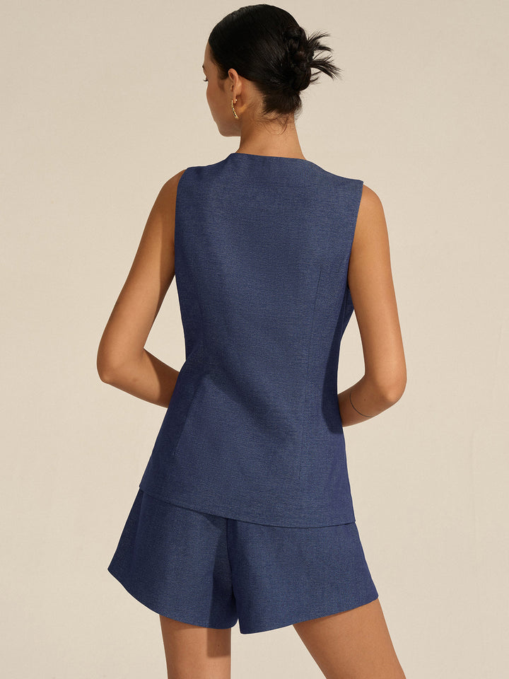Ärmelloses Weste mit durchgehender Knopfleiste und Shorts-Set