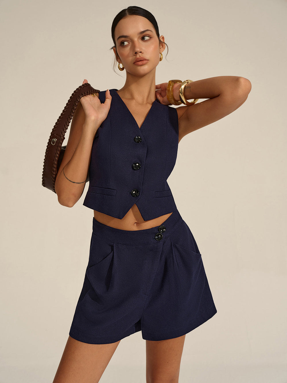 Ärmelloser Blazer mit V-Ausschnitt und Shorts-Set