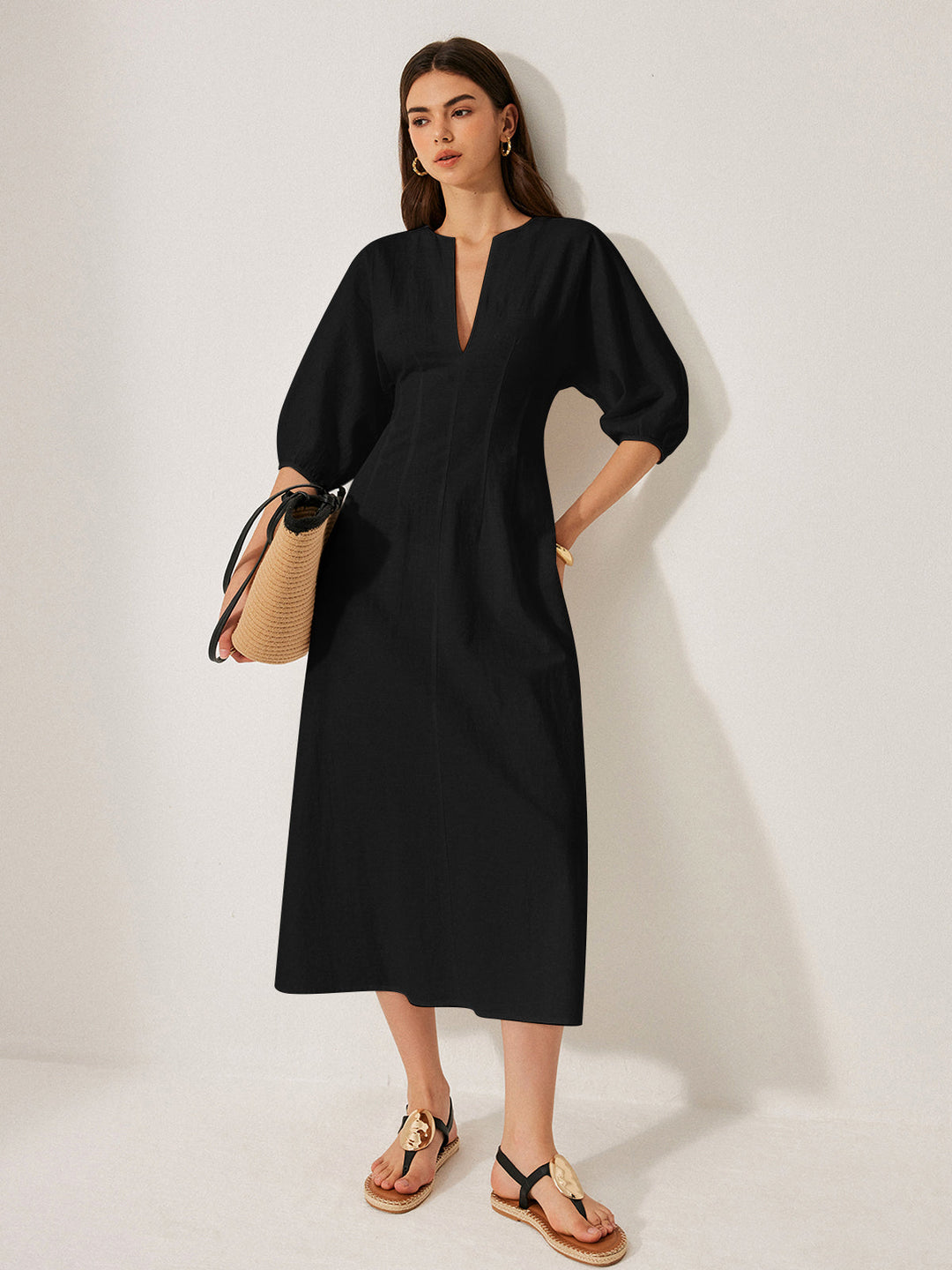 Kleid mit Puffärmeln aus Baumwolle und Leinen ohne Gürtel