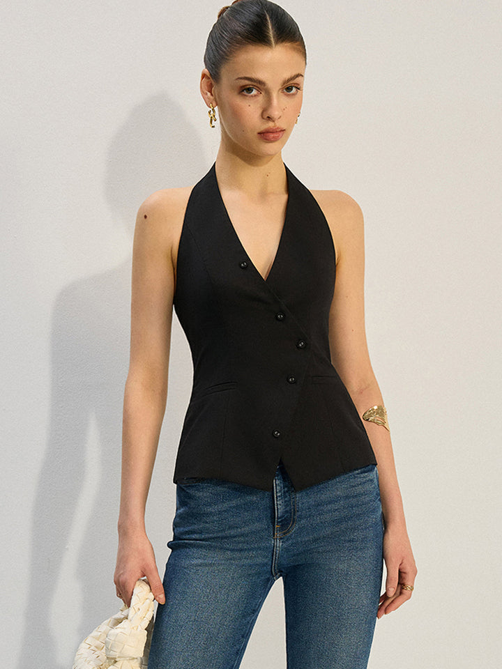Halter Neck Asymmetrischer Weste mit Knöpfen