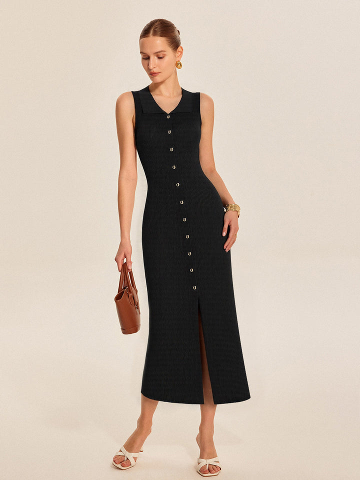 Rippstrick-Midi-Kleid mit Knopfleiste
