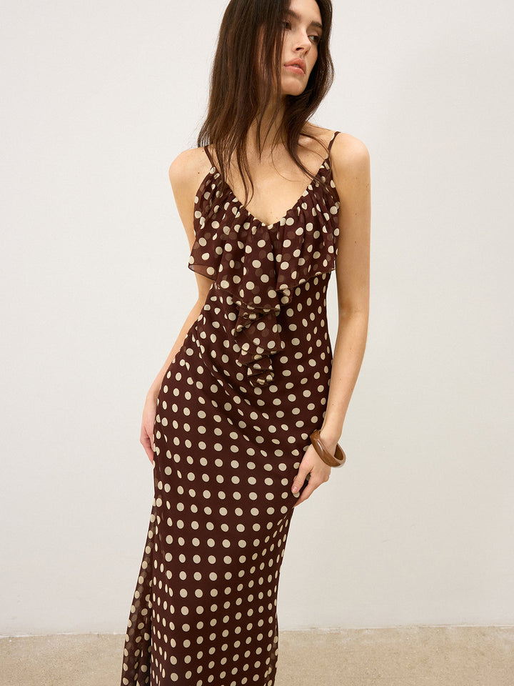 Gepunktetes Rüschen-Maxikleid mit Neckholder