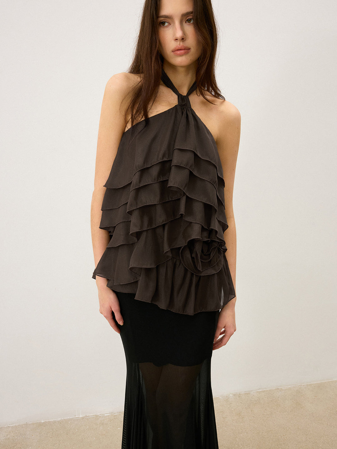 Tiered Ruffle Chiffon Halter Top mit 3D-Blume