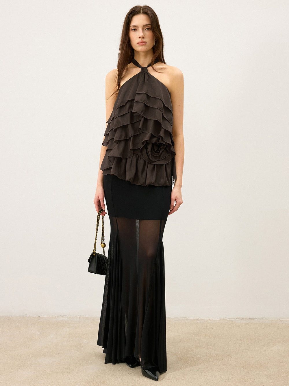 Tiered Ruffle Chiffon Halter Top mit 3D-Blume