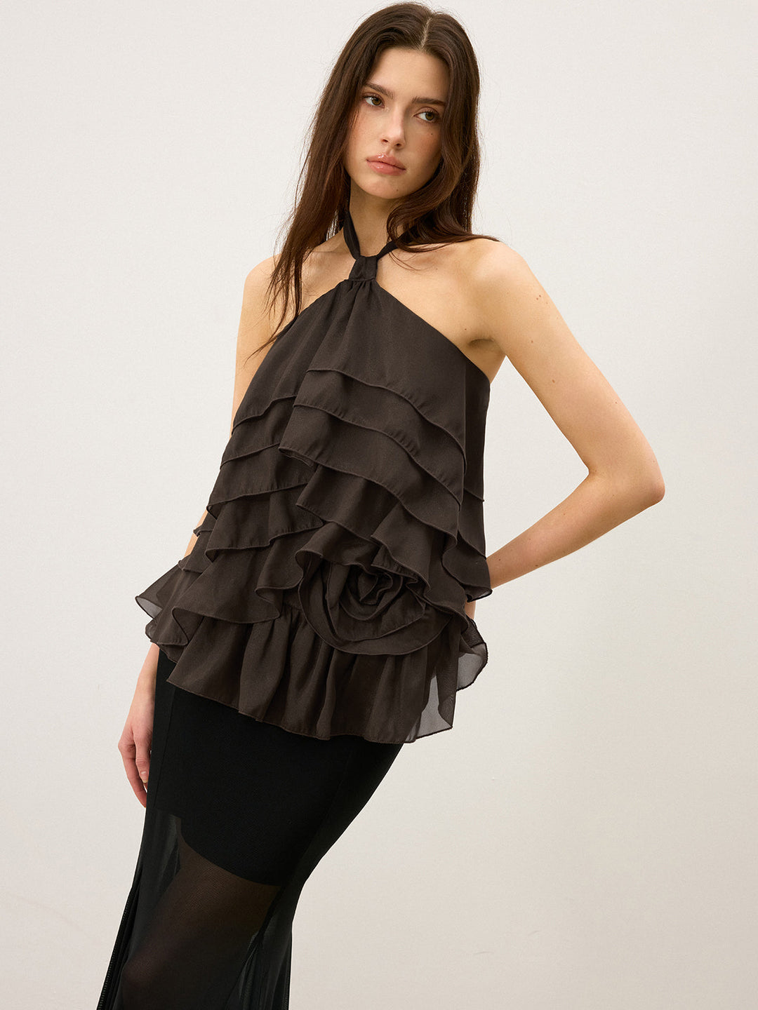 Tiered Ruffle Chiffon Halter Top mit 3D-Blume