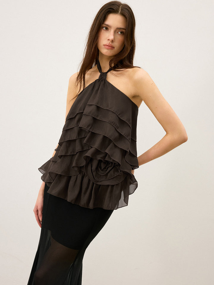 Tiered Ruffle Chiffon Halter Top mit 3D-Blume