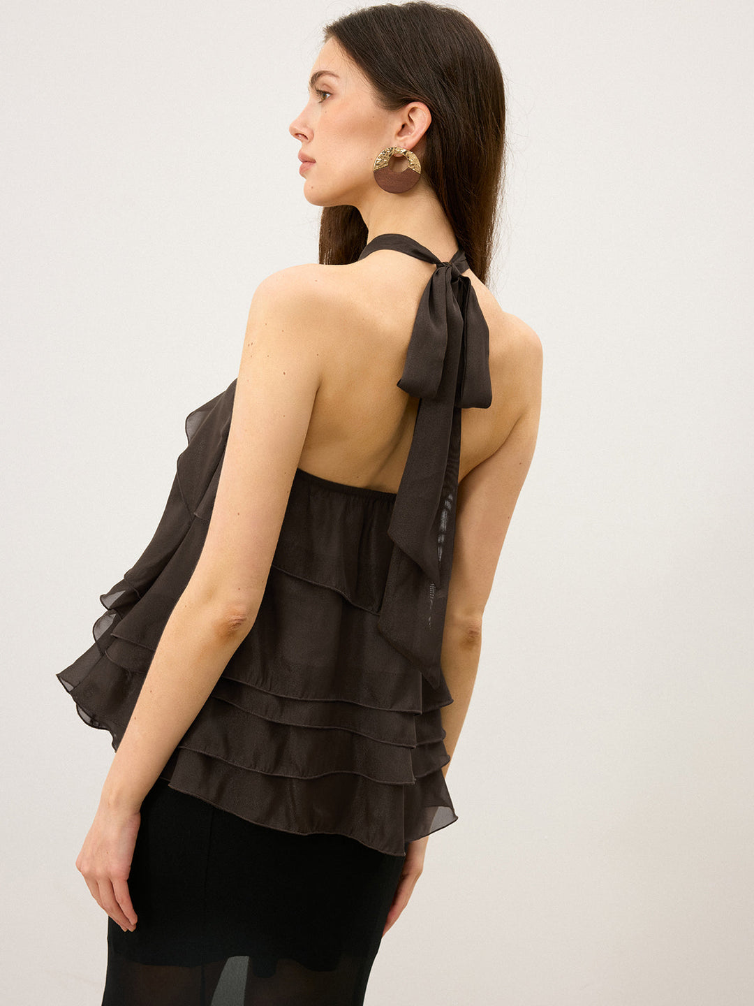 Tiered Ruffle Chiffon Halter Top mit 3D-Blume