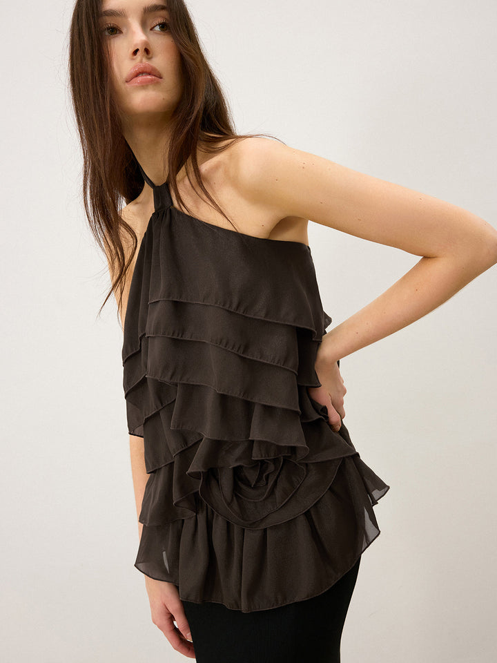 Tiered Ruffle Chiffon Halter Top mit 3D-Blume