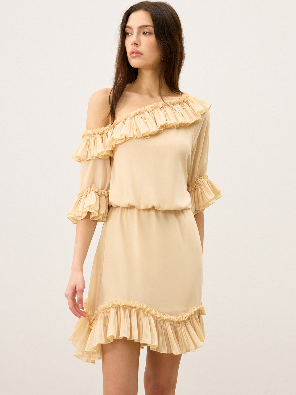 Chiffon One-Shoulder Ruffled Mini Dress