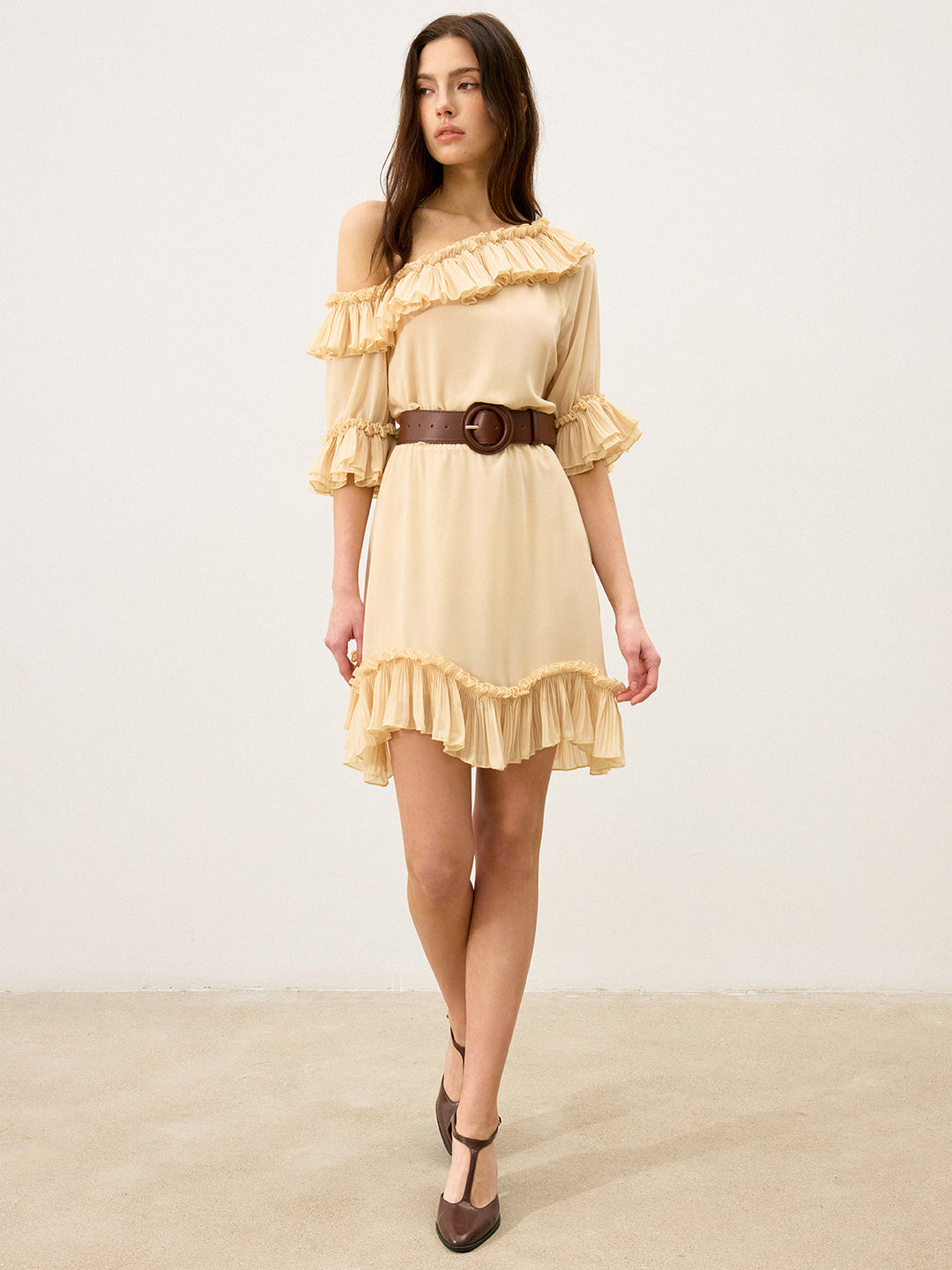 Chiffon One-Shoulder Ruffled Mini Dress