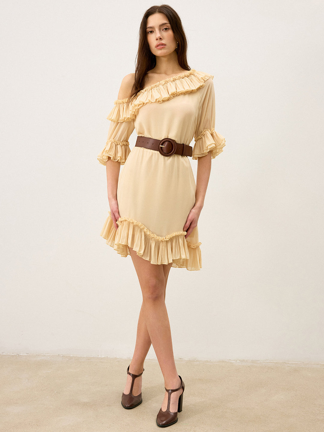 Chiffon One-Shoulder Ruffled Mini Dress