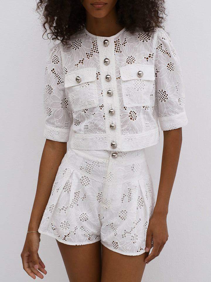 Multi-Button Stickerei Shorts Set