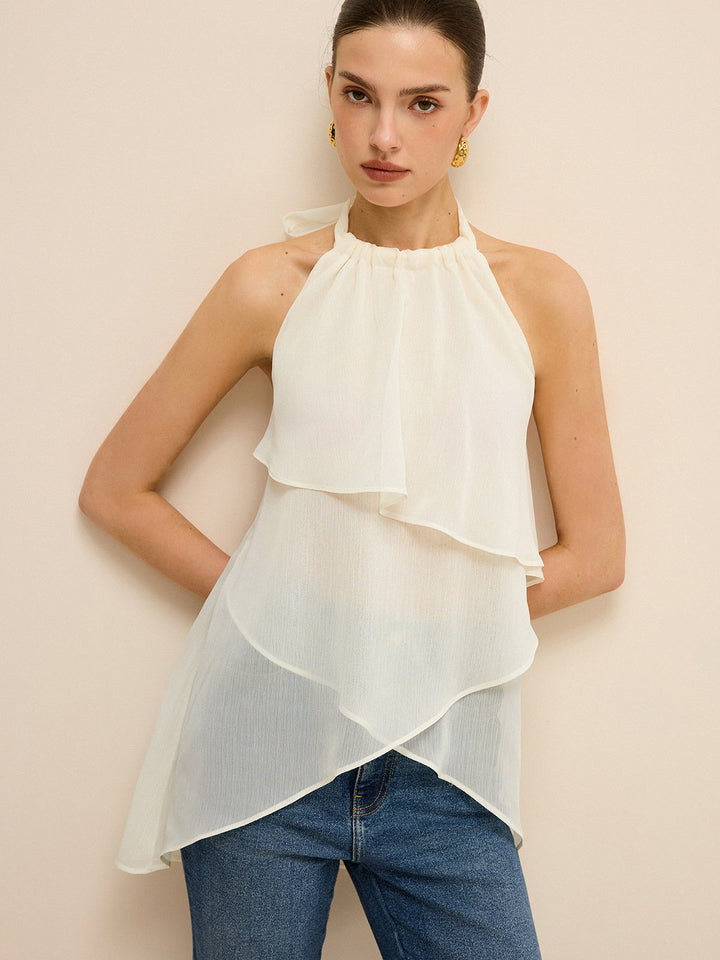 Halbtransparente, asymmetrische Chiffon-Haltertop mit Lagenlook