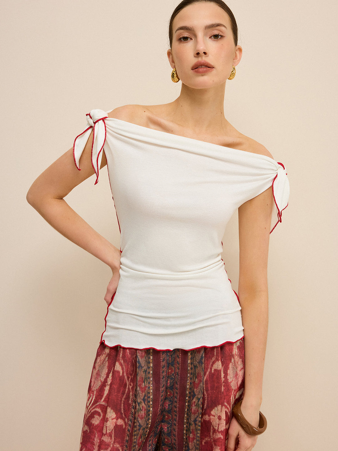 Off-Shoulder Kontrastbesatz Geknotetes Oberteil