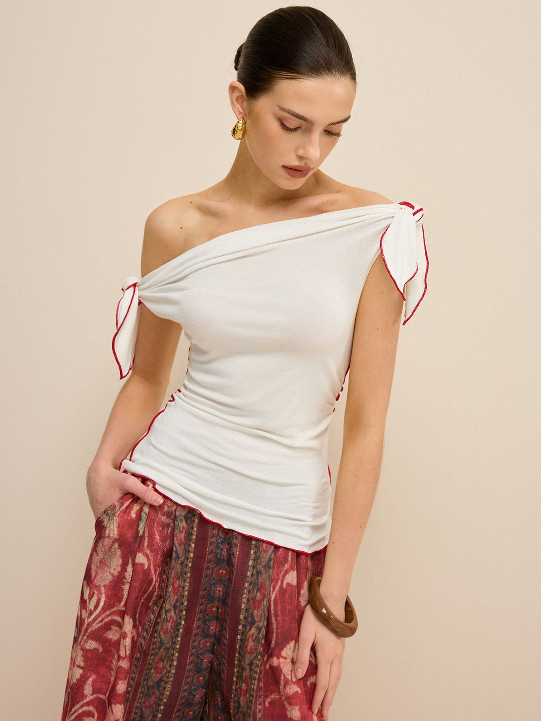 Off-Shoulder Kontrastbesatz Geknotetes Oberteil