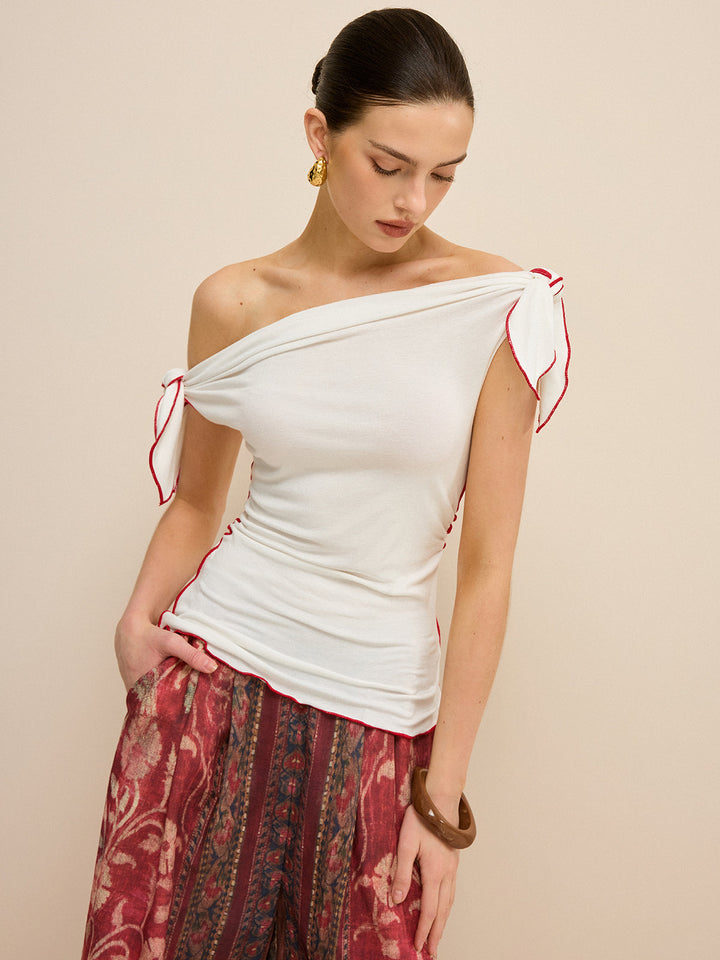 Off-Shoulder Kontrastbesatz Geknotetes Oberteil
