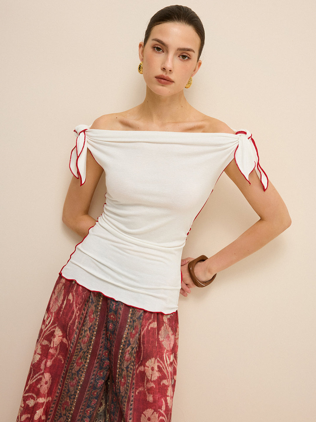 Off-Shoulder Kontrastbesatz Geknotetes Oberteil