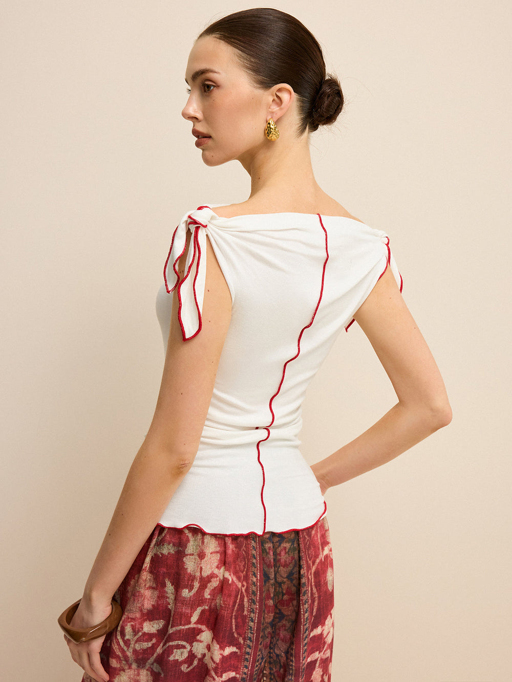Off-Shoulder Kontrastbesatz Geknotetes Oberteil