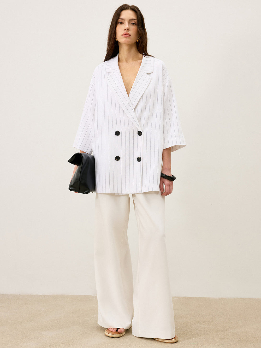 Leinen- und Baumwoll-Oversize-Blazer mit seitlichem Schlitz und Zweireiher