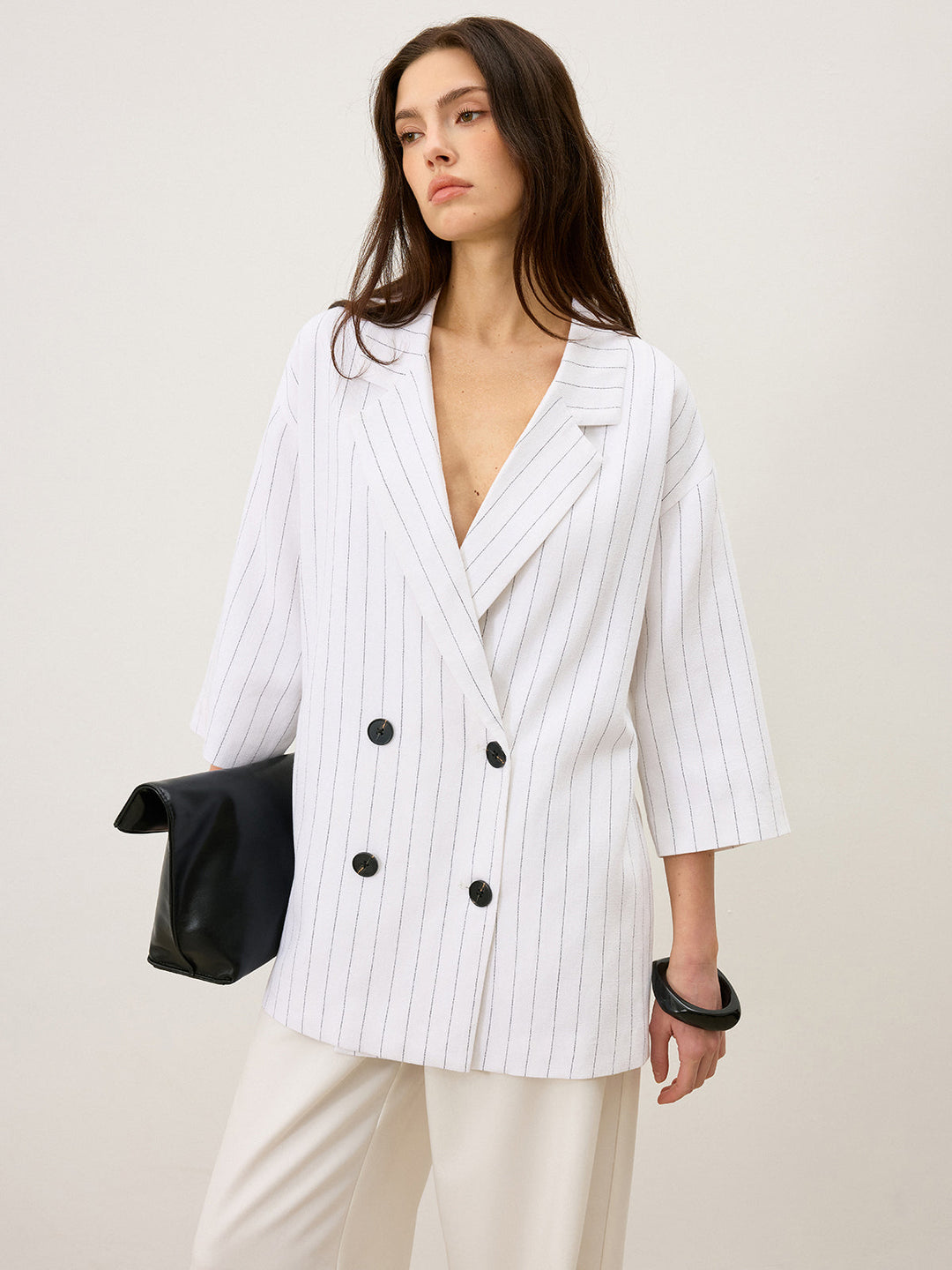 Leinen- und Baumwoll-Oversize-Blazer mit seitlichem Schlitz und Zweireiher