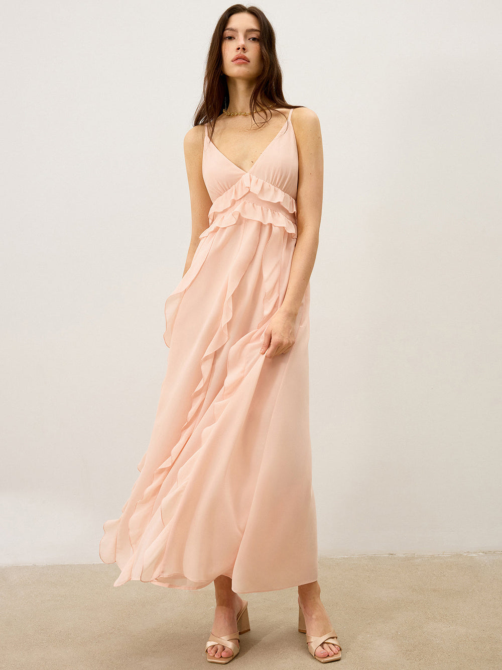 Chiffon Rüschenbesatz Maxikleid