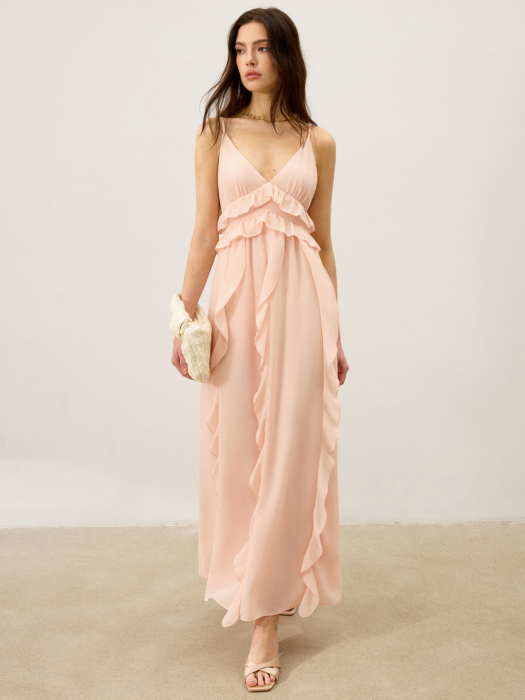Chiffon Rüschenbesatz Maxikleid