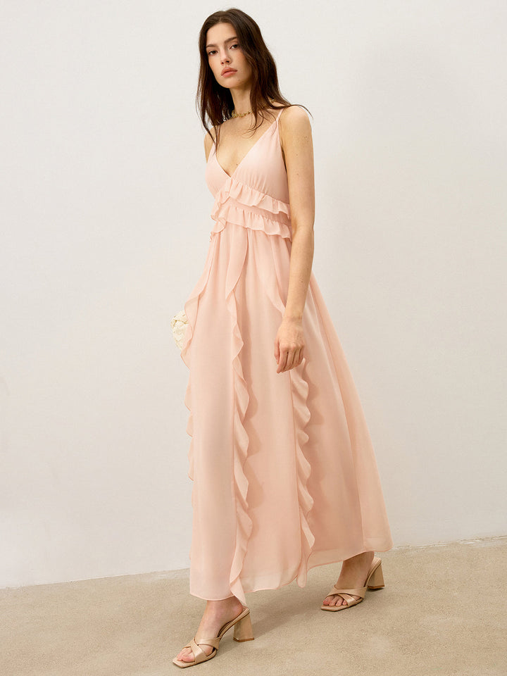 Chiffon Rüschenbesatz Maxikleid