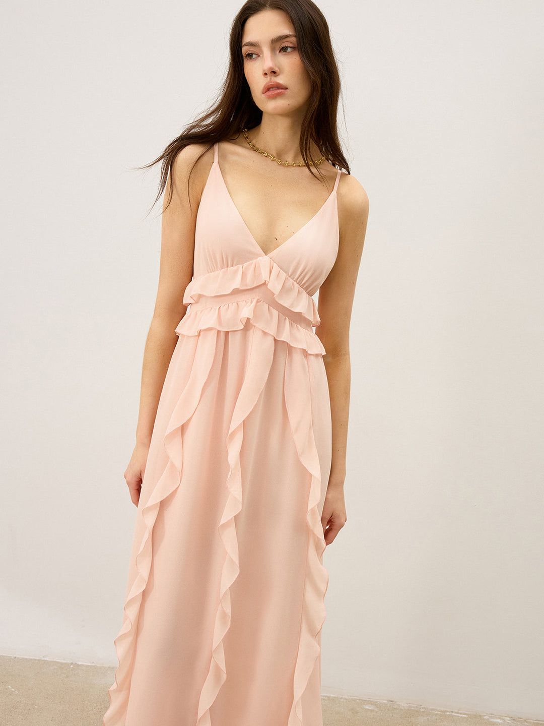 Chiffon Rüschenbesatz Maxikleid