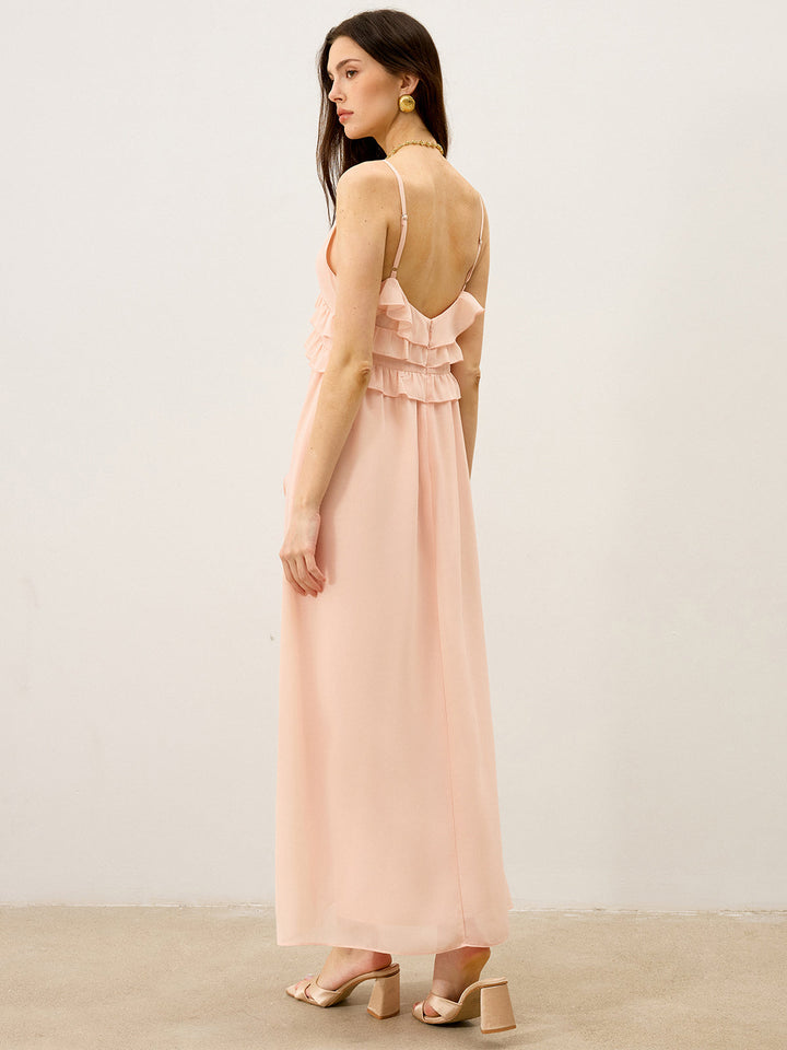 Chiffon Rüschenbesatz Maxikleid