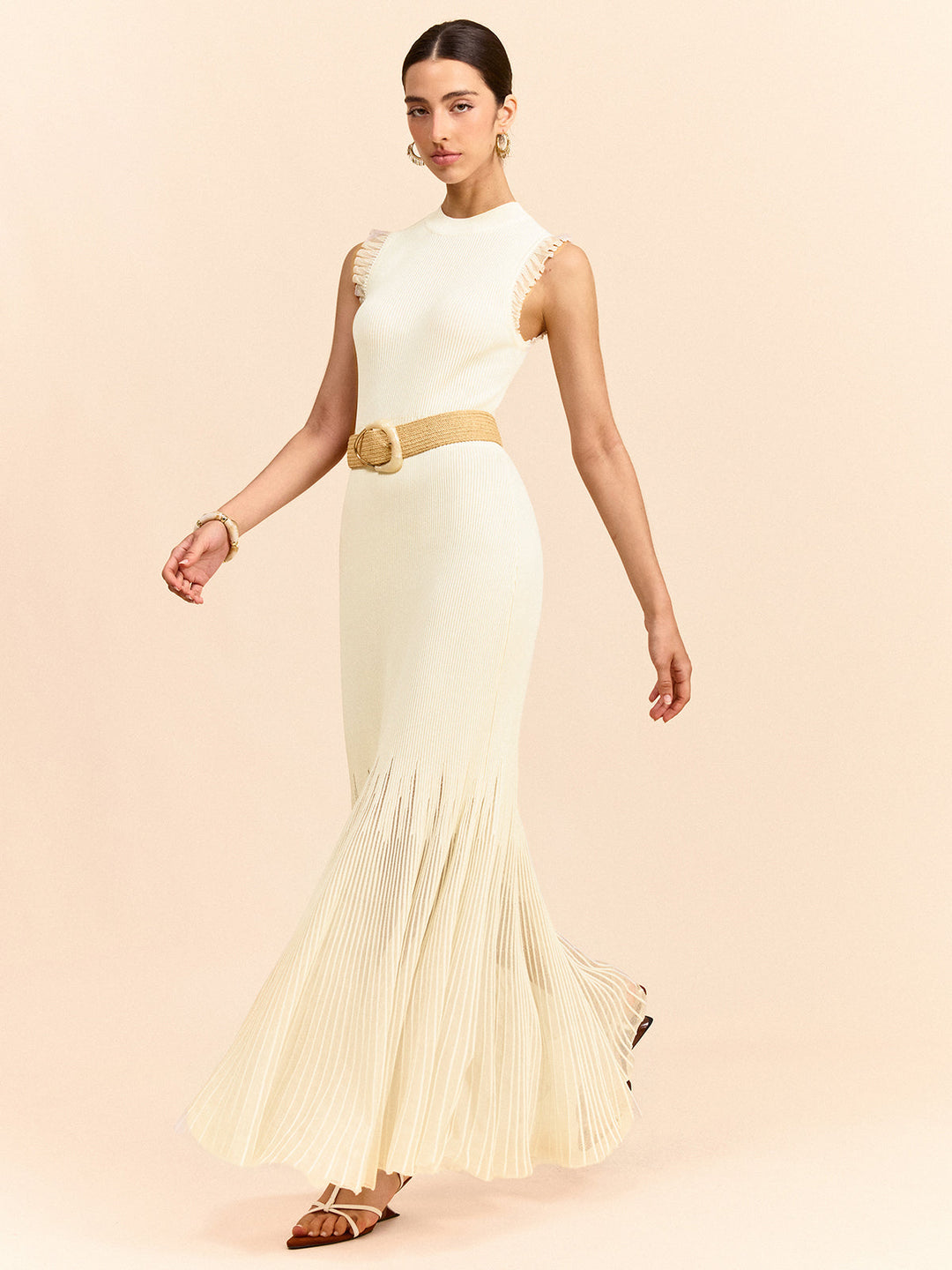 Tüll-Paneel-Rüschen-Strick-Maxikleid