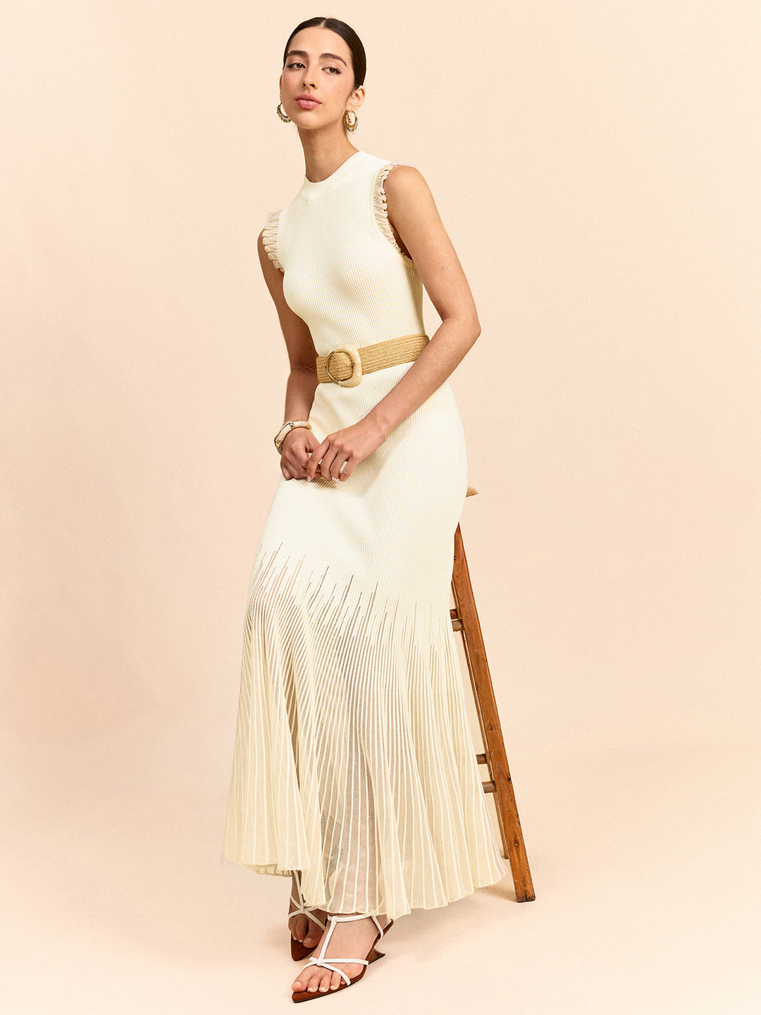 Tüll-Paneel-Rüschen-Strick-Maxikleid